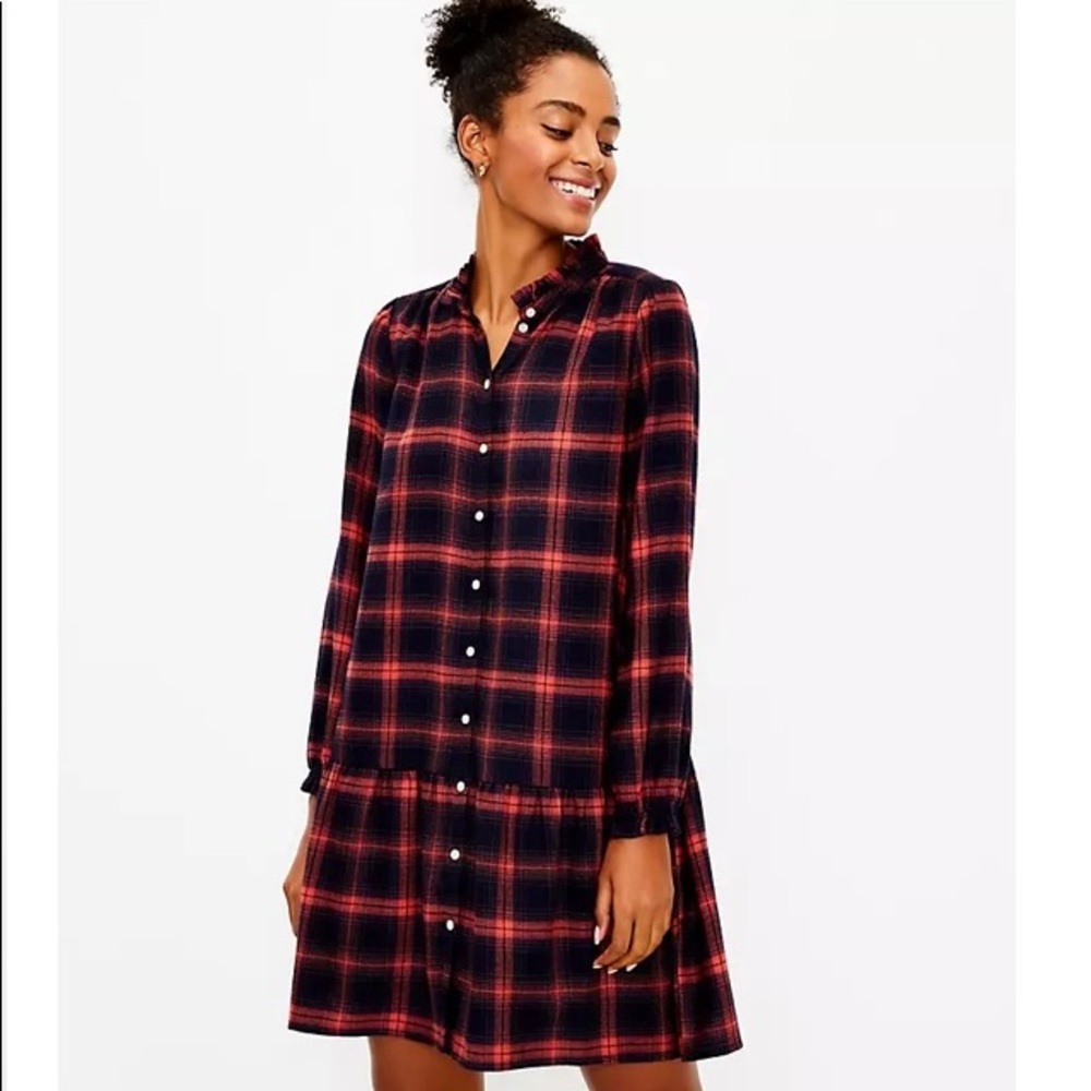 Loft petite plaid drop waist shirt dress
